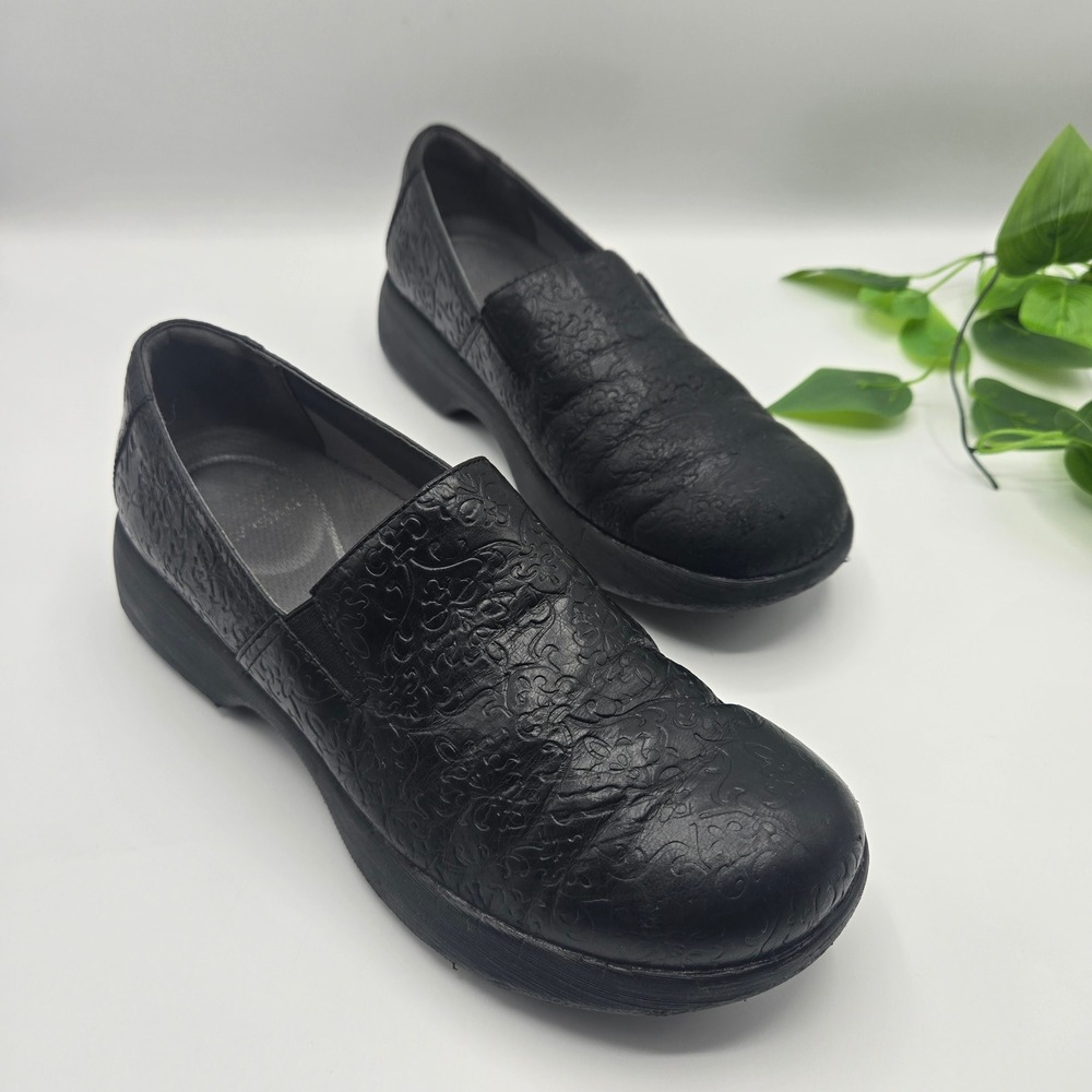 Dansko Professional Clogs Black Embossed Floral Leather Shoes Size 39
